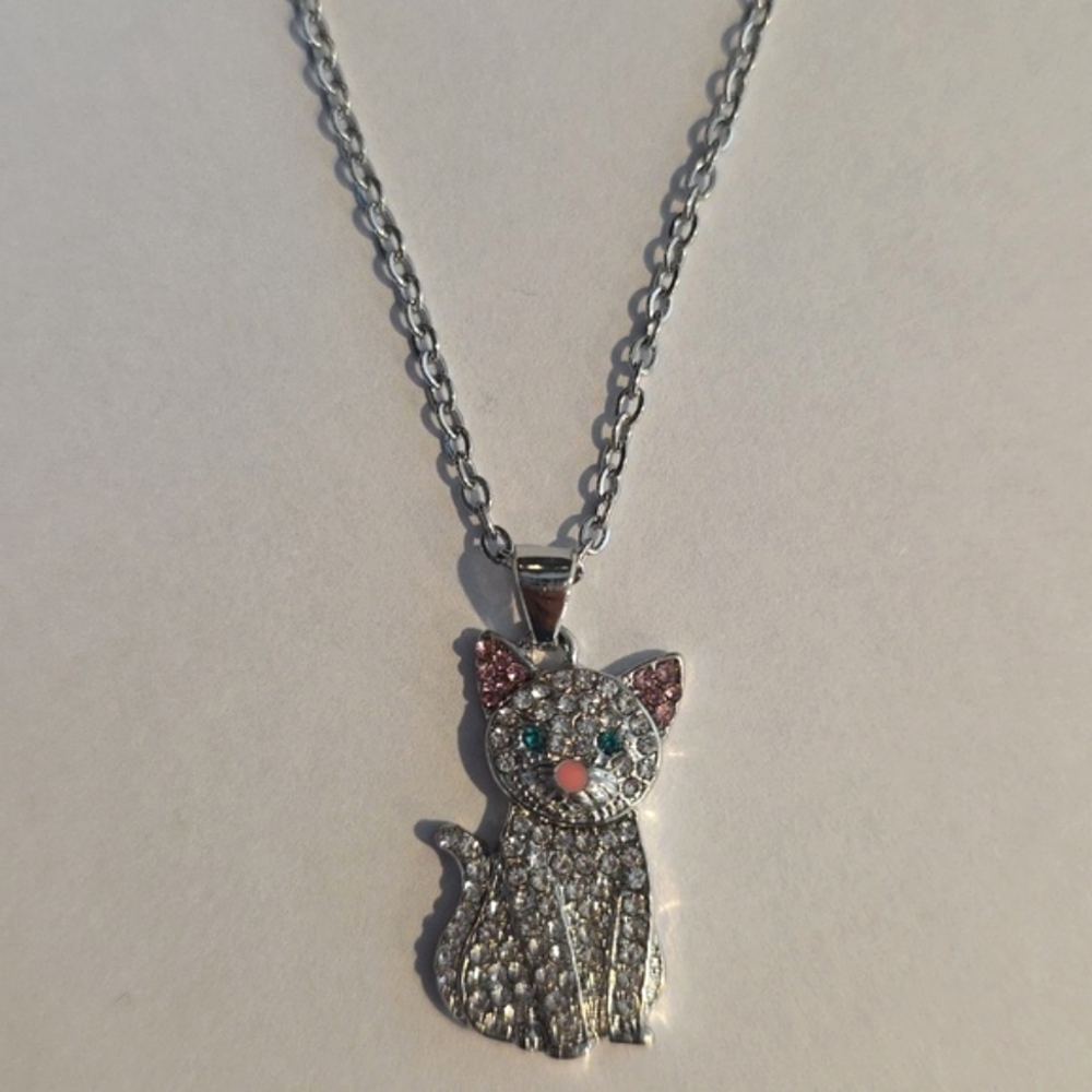 Rhinestone Cat Silver Necklace